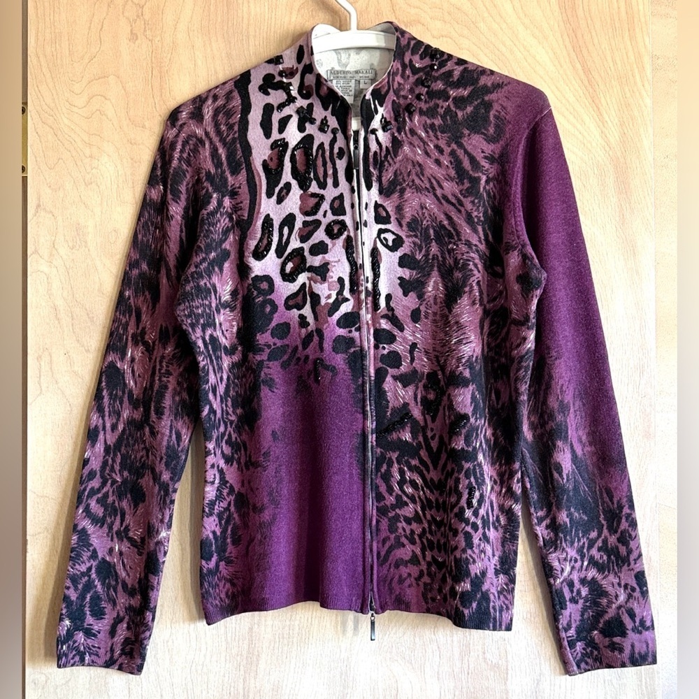 Albert Mikali Full Zip Sweater Purple Black Embellished Sz Large